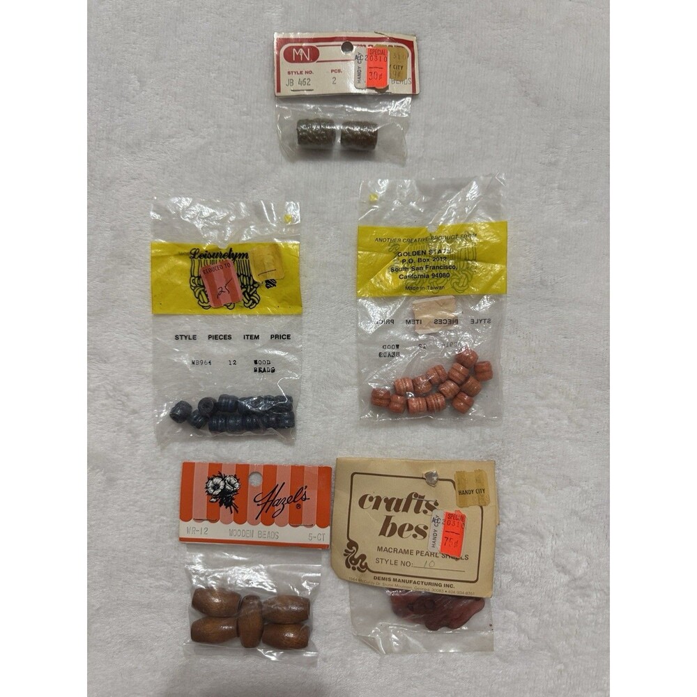 Vtg Macrame Jewelry Wood Bead Lot 5 Packs Colorful Wood Ceramic Pearl Shells